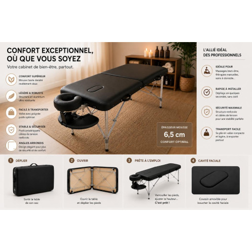 Table de massage en structure aluminium avec bords arrondis, cavité faciale très légère