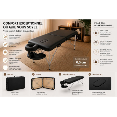 Table de massage en structure aluminium avec bords arrondis, cavité faciale très légère