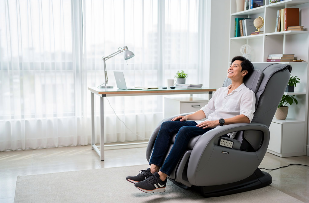 Fauteuil massant électrique gris installé dans un coin bureau à domicile pour soulager tensions musculaires