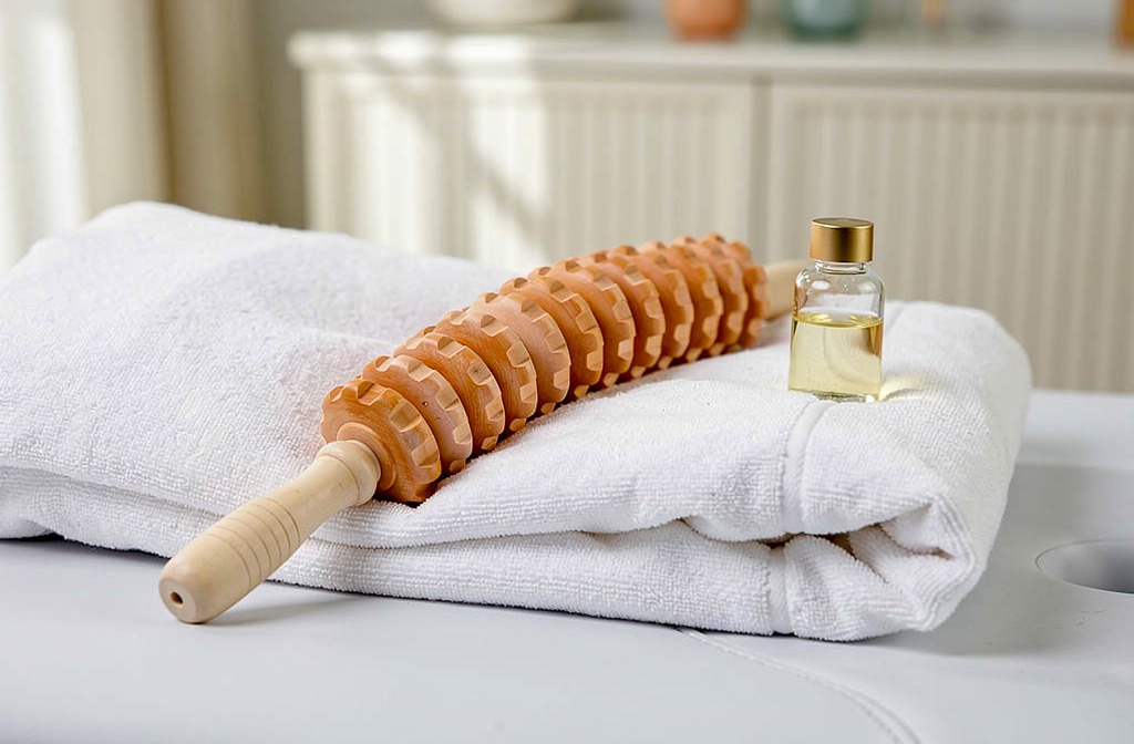 Rouleau de massage en bois posé sur une serviette avec huile de massage sur table de spa