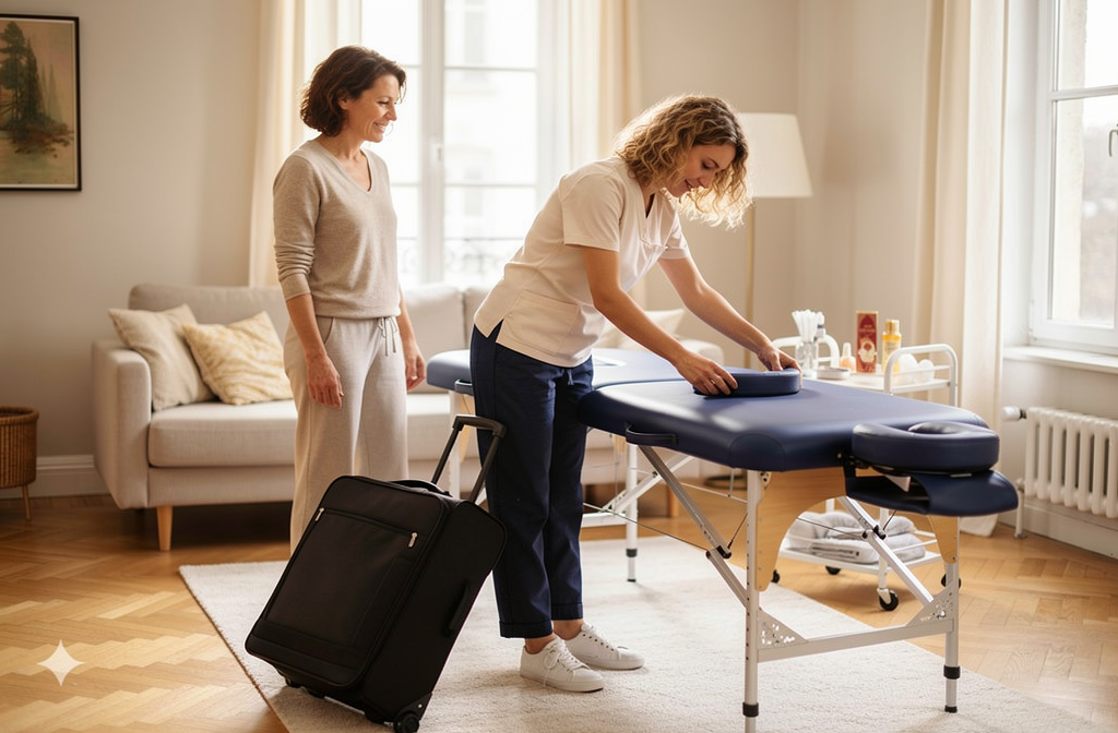 Professionnelle ajustant une table de massage pliante dans un cabinet lumineux