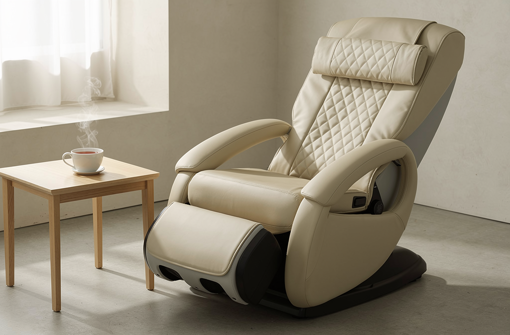 Fauteuil de massage électrique beige installé dans un coin salon relaxant