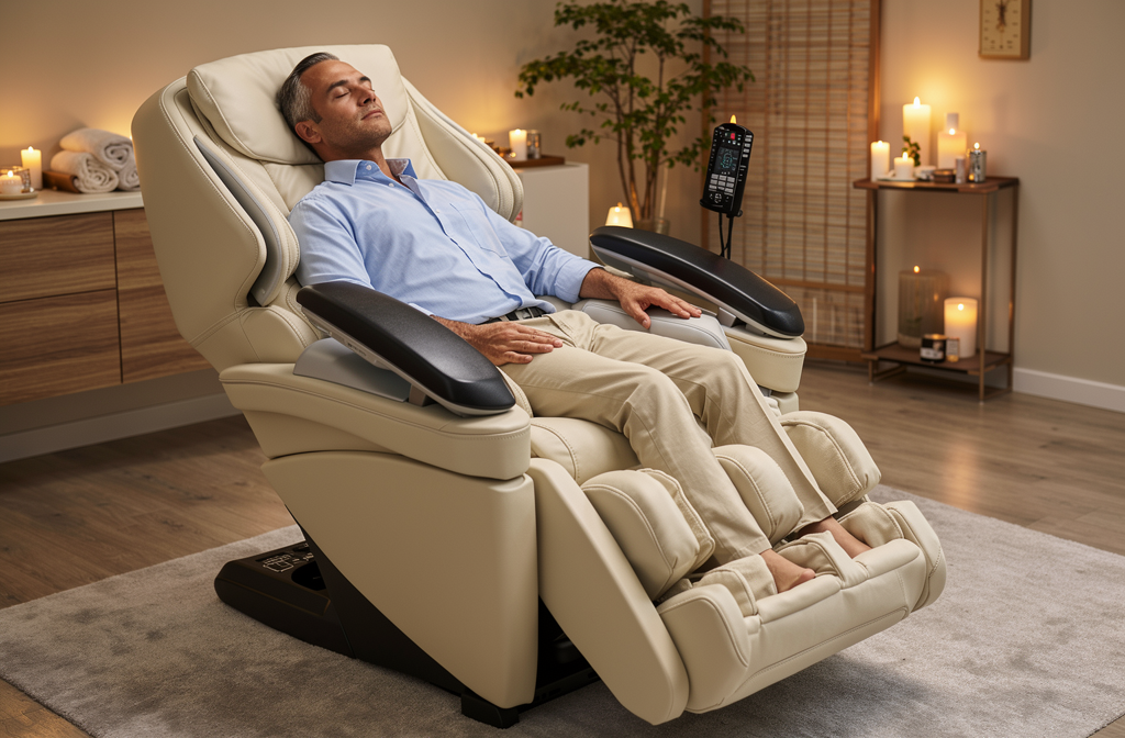 Fauteuil de massage shiatsu beige dans une pièce zen avec bougies