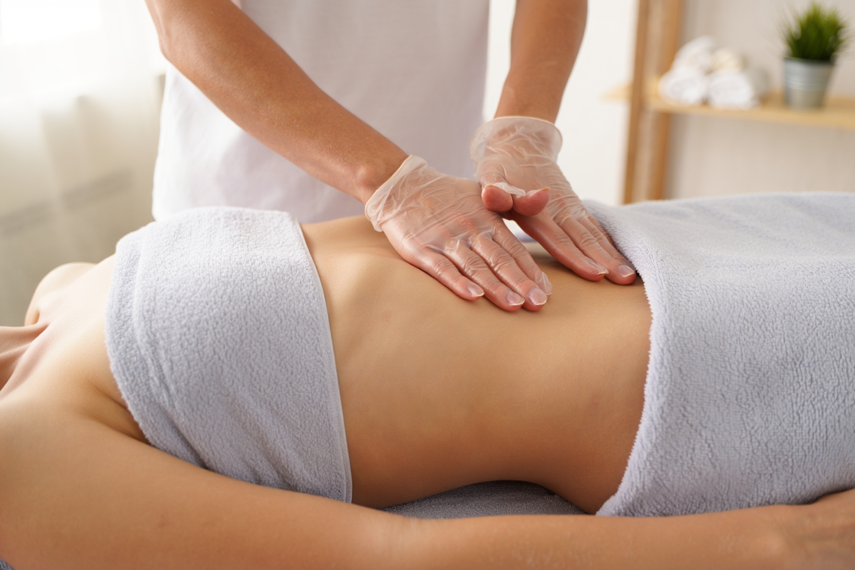 Mains effectuant un massage de drainage lymphatique doux sur une jambe
