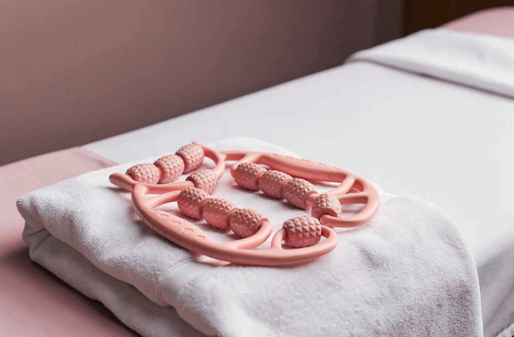 Outils de massage lymphatique à rouleaux texturés posés sur une serviette près d'une table de soin.