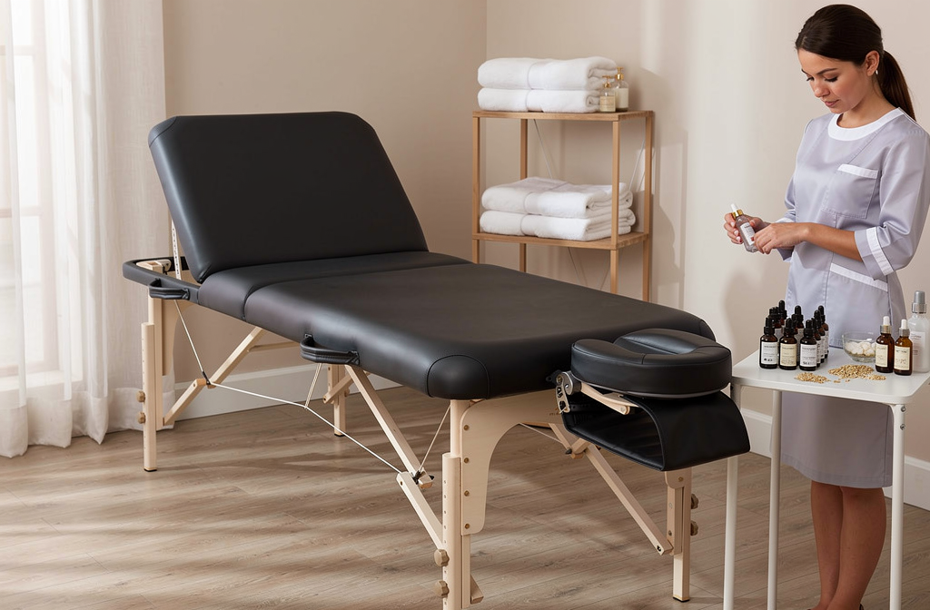 Table de massage ajustable noire dans un salon de massage professionnel