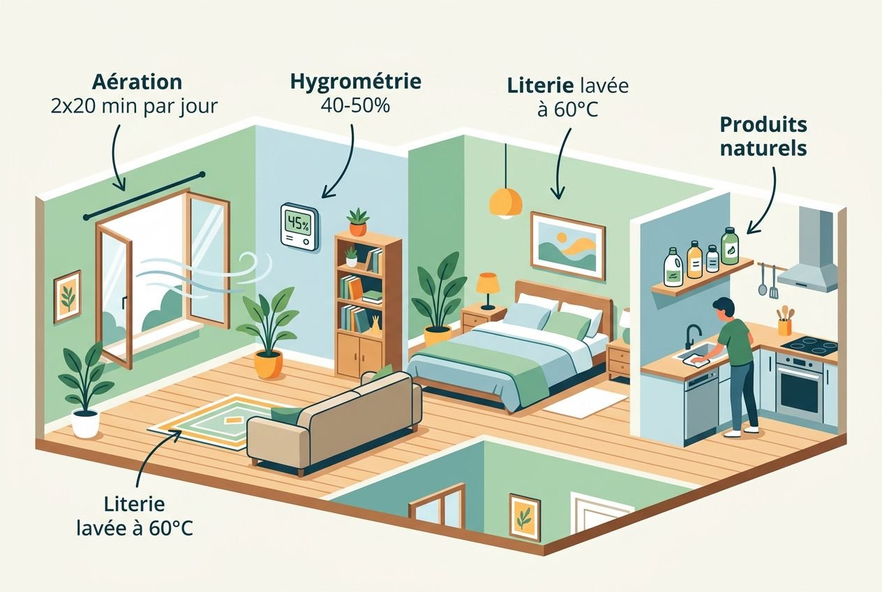 Aération 2x20 min/jour, hygrométrie 40-50 %, literie lavée à 60°C et en variété, pièces et produits naturels pour réduire allergènes et améliorer l’air intérieur que faire.