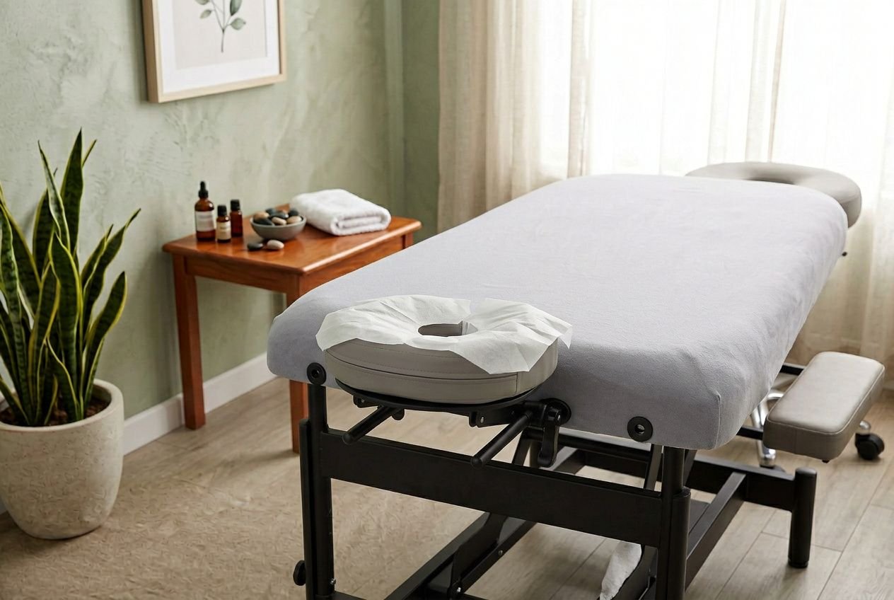 Appui-tête de table de massage fixé à l'extrémité d'une table de réflexologie plantaire dans un cabinet de soins.