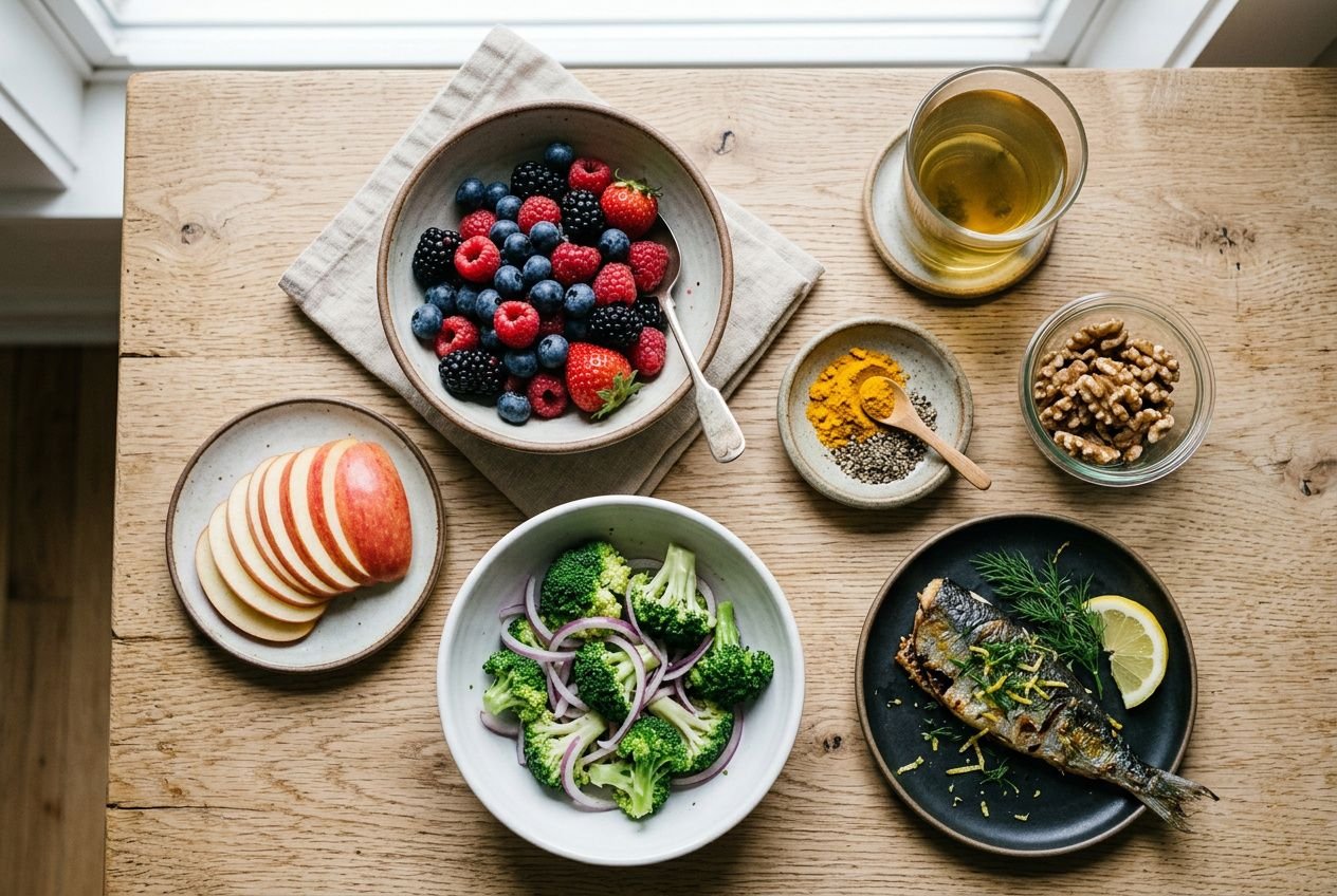 Assiette de fruits rouges et légumes variés, avec saumon au citron, toumts d’épices et thé ou infusion, prêt à consommer. Comment calmer une allergie sans médicament