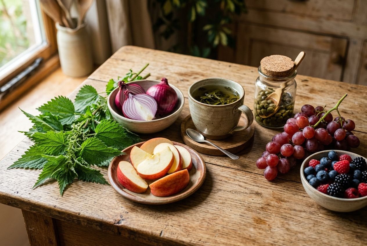 Assortiment naturel: plantes, thé, fruits et baies pour soutenir comment calmer une allergie sans médicament.