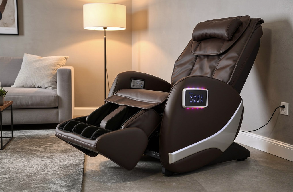 Fauteuil massant haut de gamme marron en position allongée dans un salon moderne et lumineux.
