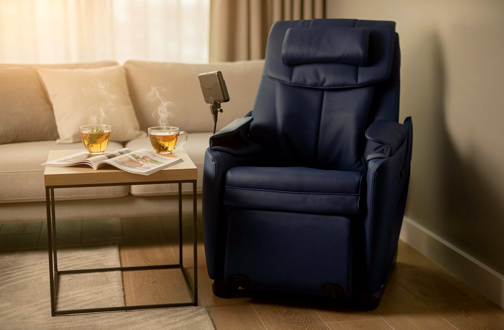 Fauteuil de massage shiatsu bleu marine dans un coin salon apaisant
