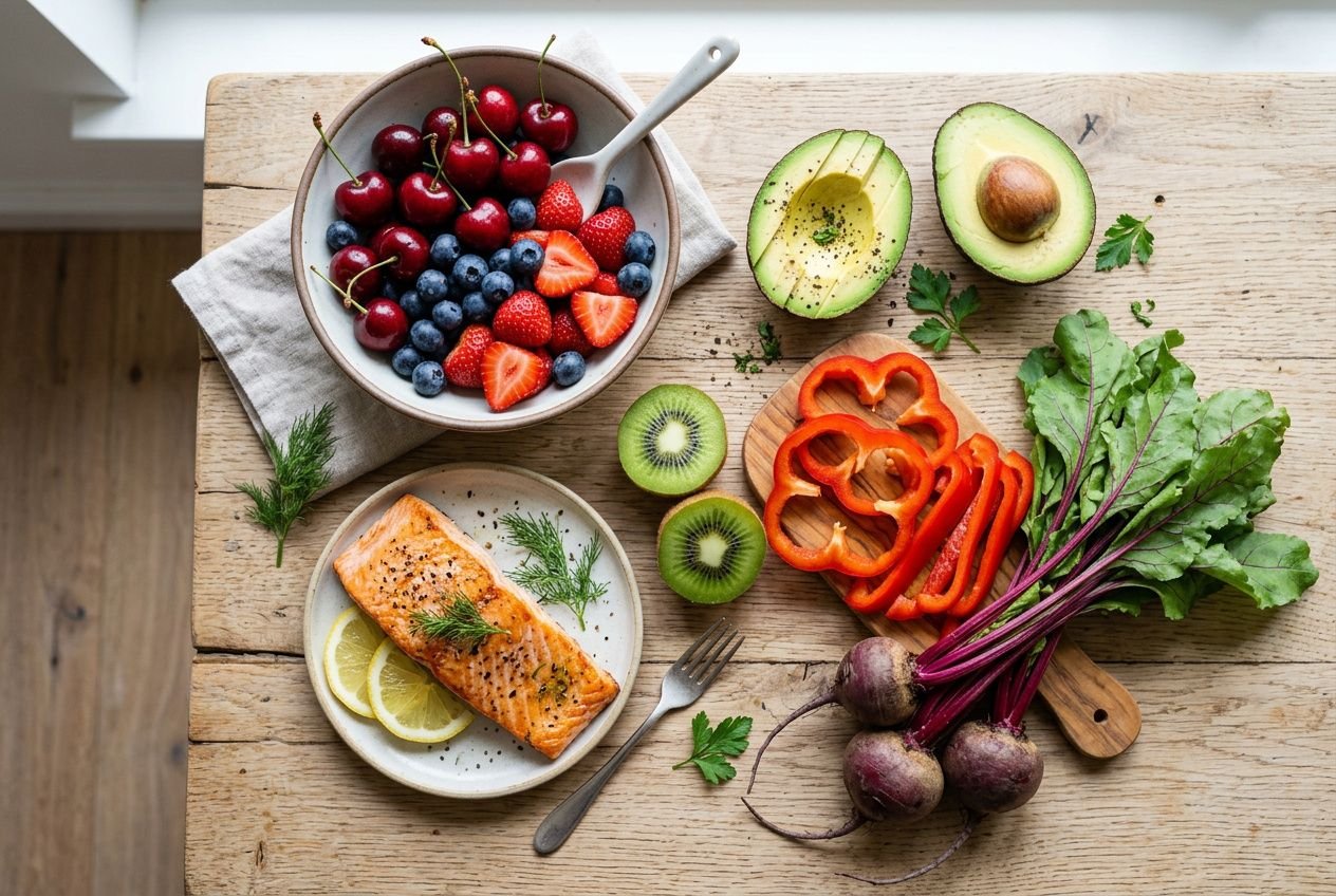 Bol colorée de fruits rouges et baies, saumon grillé avec citron, et légumes frais comme avocat, kiwi et betteraves sur une planche en bois, parfait pour guider comment améliorer circulation sanguine.