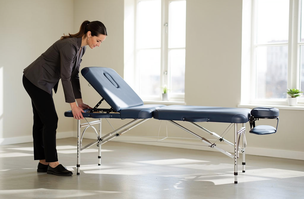 Thérapeute ajustant la hauteur d'une table de massage pliante dans un cabinet de bien-être lumineux