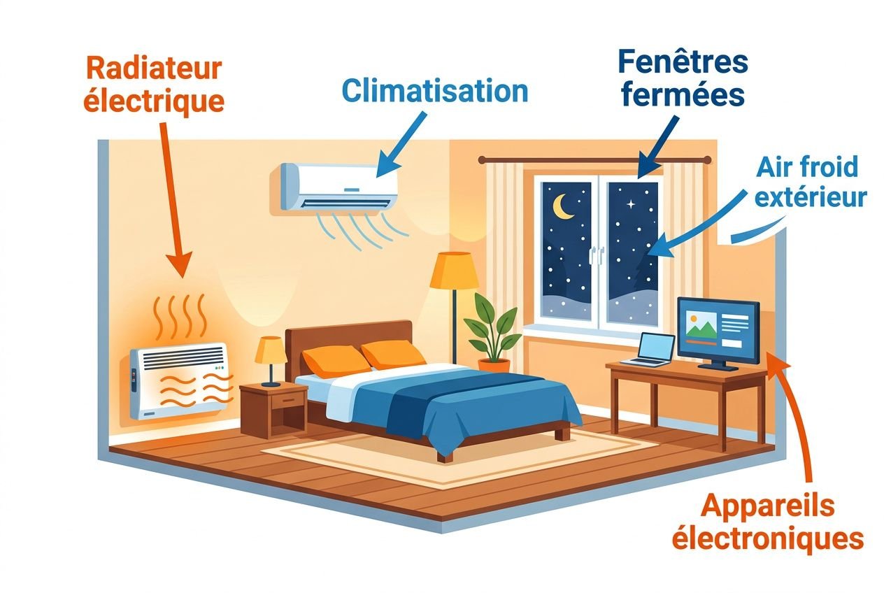 Chambre avec climatisation et radiateur, écran d’ordinateur sur le bureau, lit avec couvre-lit bleu, plantes, fenêtre ouverte sur nuit, appareils électroniques et air extérieur froid. air trop sec chambre symptômes augmente.