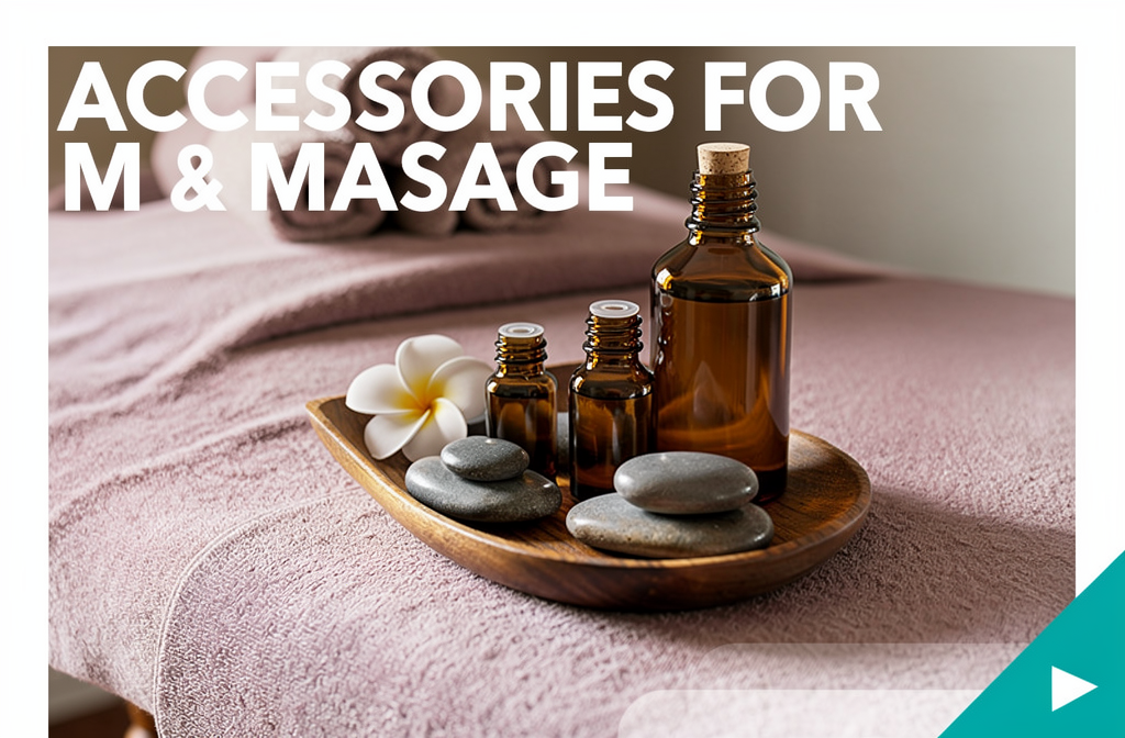 Accessoires pour massage posés sur un plateau en bois dans un cabinet de massage professionnel.