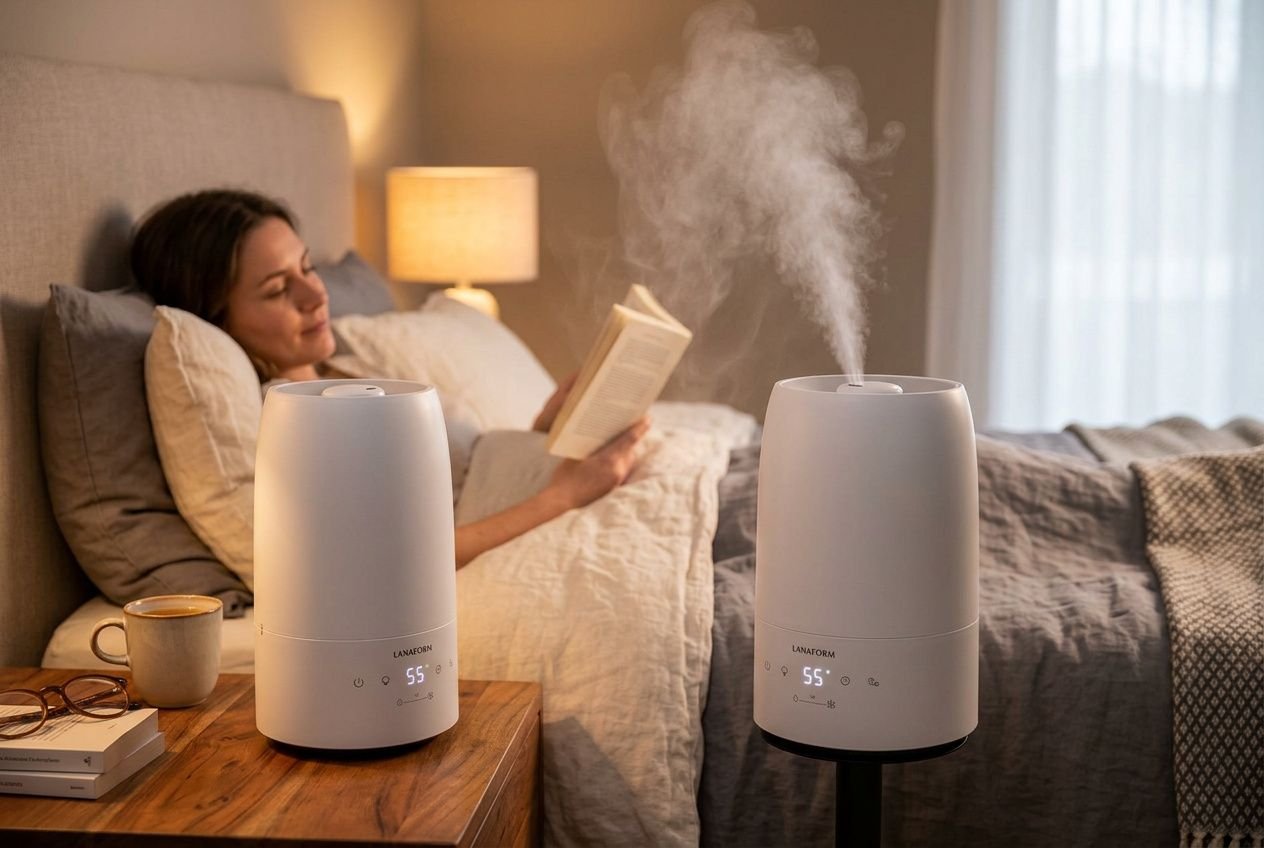Deux humidificateurs diffusent de la vapeur dans une chambre; une femme lit au lit, ambiance cosy et lampe chaude. air trop sec maison que faire.