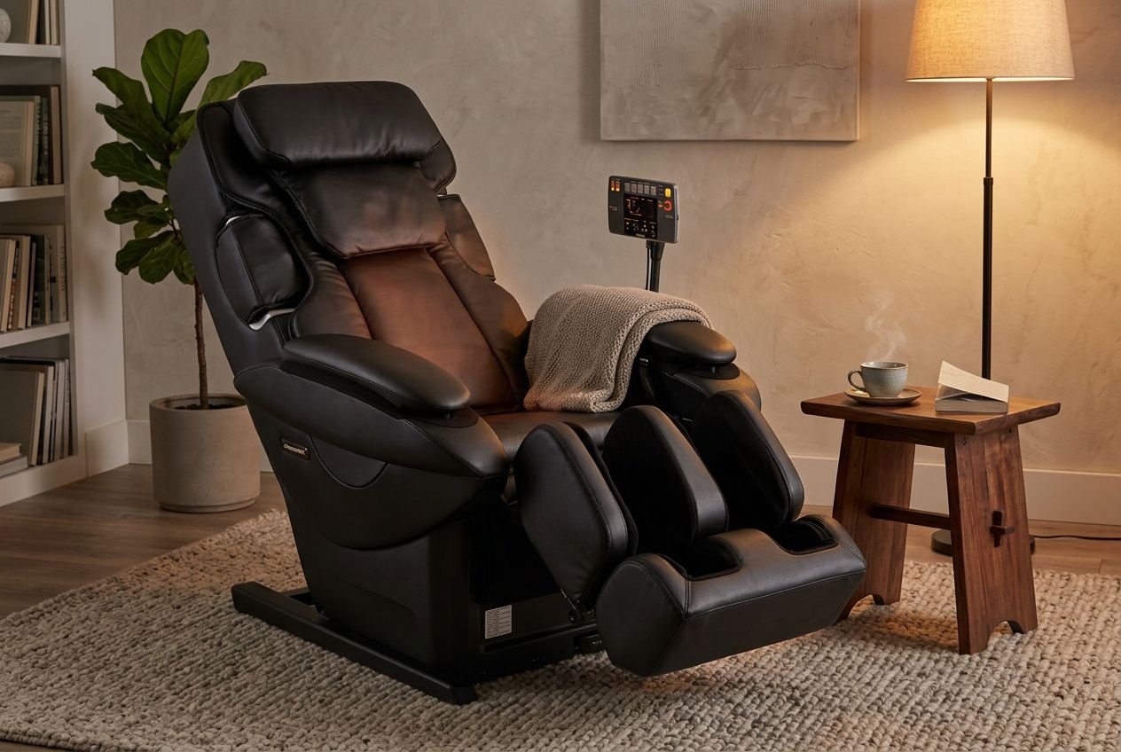 Fauteuil massage chauffant noir inclinable dans un salon, avec repose-pieds élévés et couverture légère, près d'une lampe et d'une petite table.