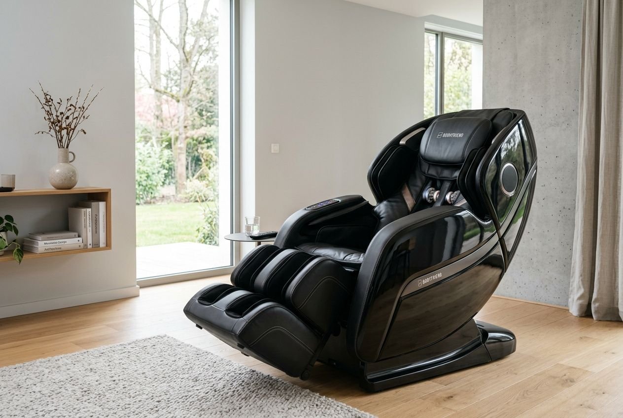 Fauteuil massage coréen noir, posé dans un salon lumineux avec fenêtres,で massant et repose-pieds déroulables.