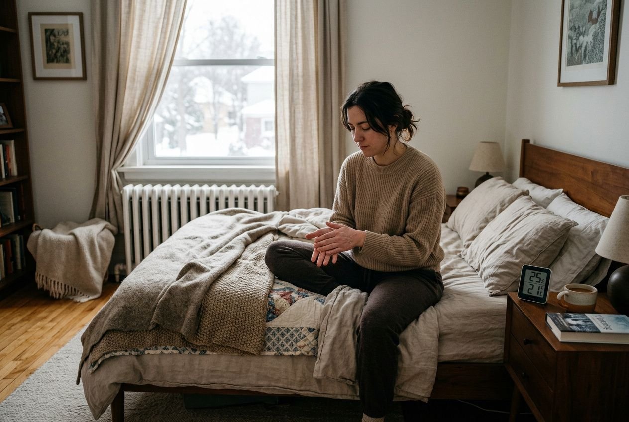 Femme assise sur le bord du lit, dans une chambre lumineuse, froide et humide; affichage d’un thermomètre montrant 25°C et 62% d’humidité. Air trop sec chambre symptômes : peau et gorge sèches.