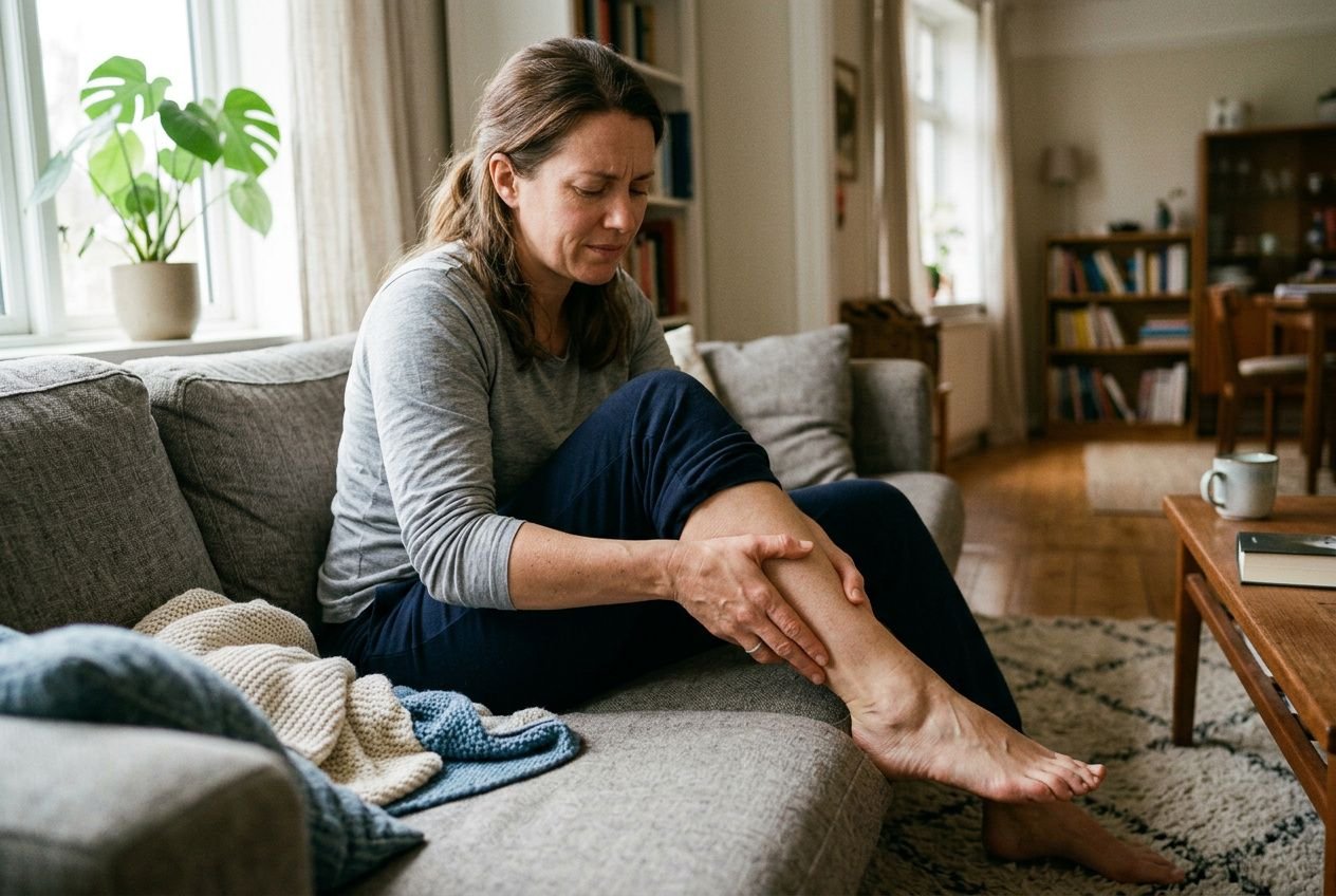 Femme sur canapé se massant la jambe douloureuse, assise chez elle pour améliorer la circulation sanguine.