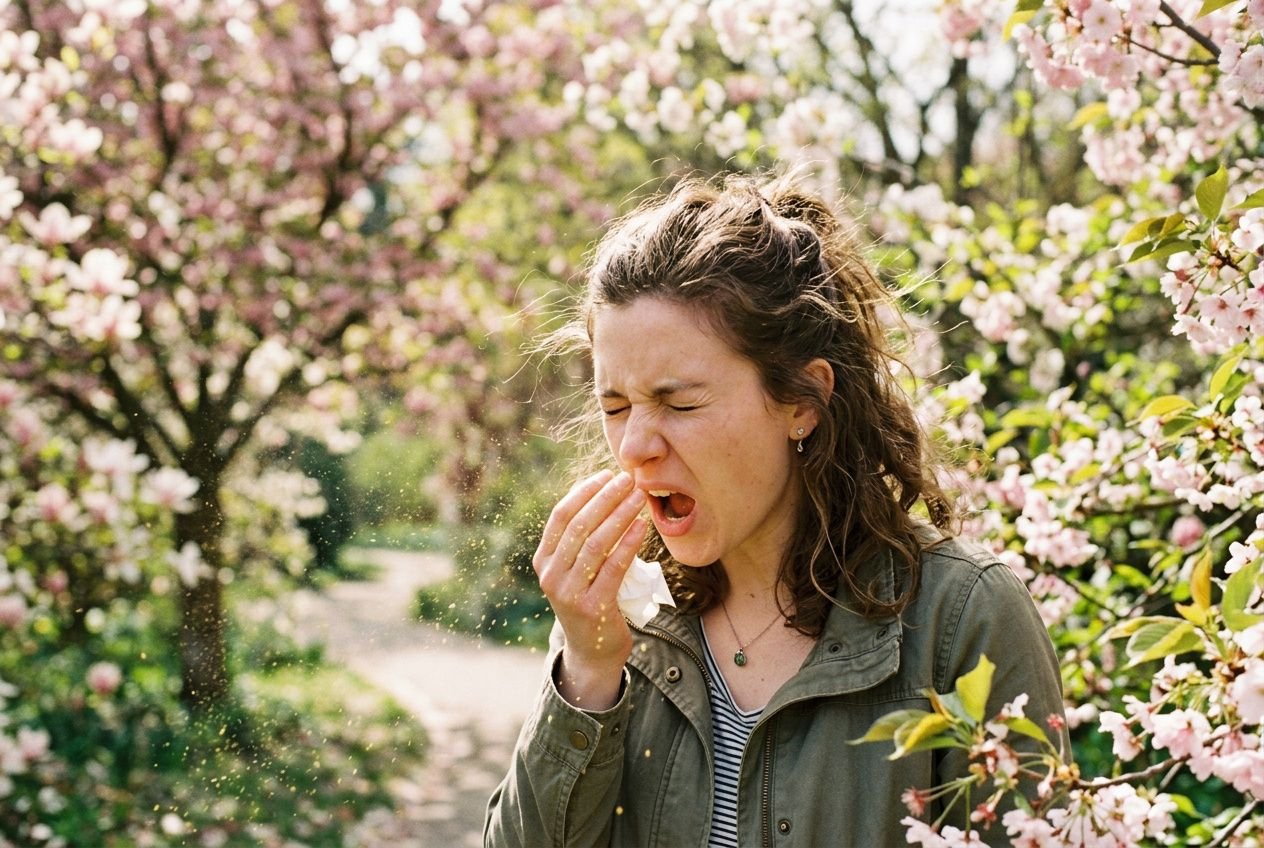 Femme éternuant dans un jardin de fleurs roses, en plein printemps; altération due à une allergie au pollen en ce moment.