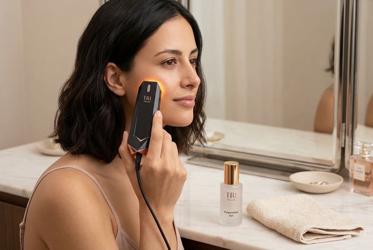 Femme se maquillant le visage avec un appareil de radiofréquence visage noir et doré posé contre la joue, sur une coiffeuse avec gel et serviette. meilleur appareil radiofréquence visage intégrée.