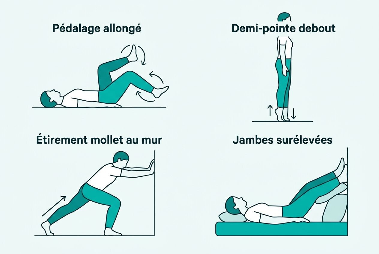 Pédalage allongé et demi-pointe debout, étirement mollet au mur et jambes surélevées pour favoriser la circulation sanguine dans les jambes.