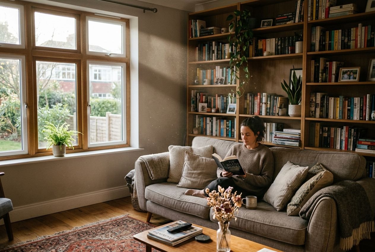 Personne assise sur un canapé lire dans un salon cosy, bibliothèque pleine de livres, lumière naturelle par la fenêtre. allergie air intérieur que faire