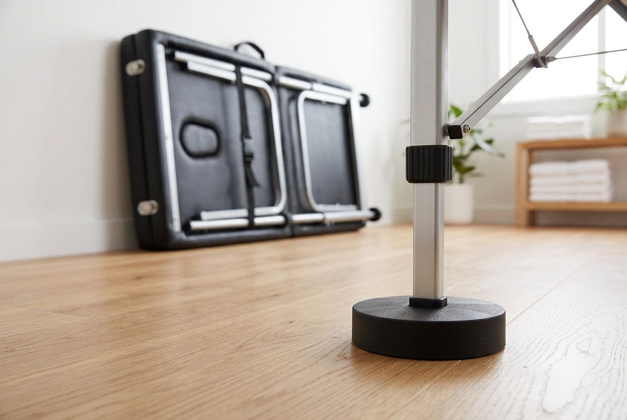 Pied stabilisateur réglable d'une table de massage pliante posé sur un parquet en bois dans un cabinet de thérapie lumineux.