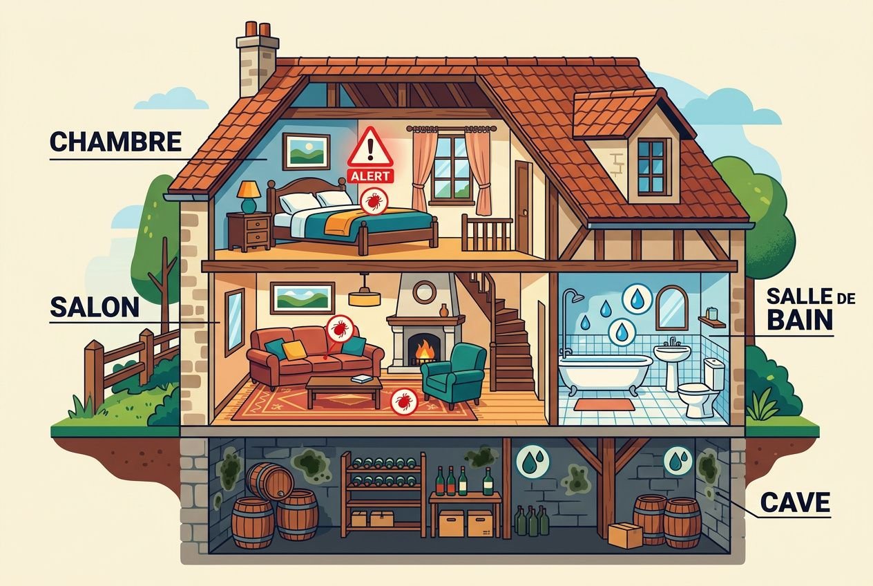 Plan de maison ancienne montrant les pièces: chambre, salon, salle de bain, cave; bars et fût, poussière et acariens à éliminer pas pièce. Allergie maison ancienne.