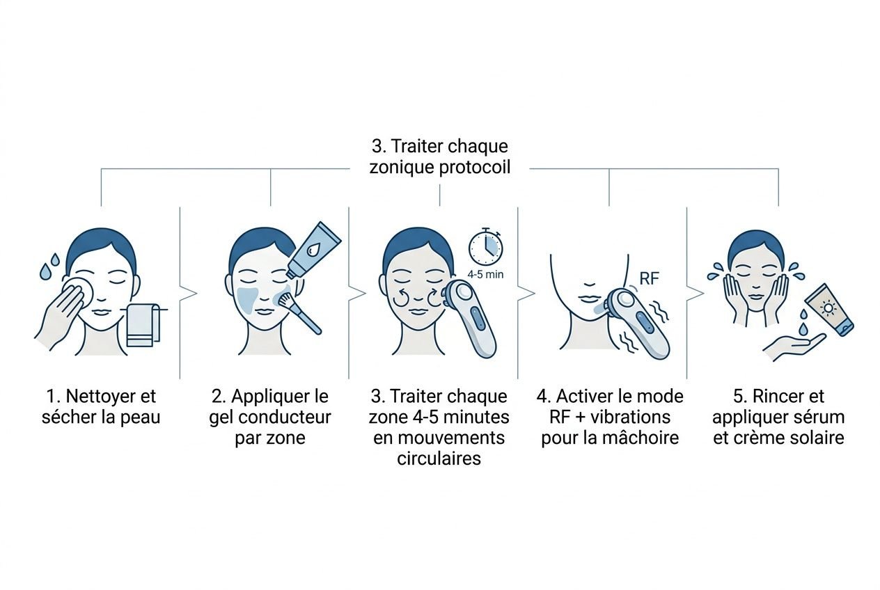 Processus d’utilisation d’un appareil radiofréquence visage : nettoyer, appliquer gel, traiter zones, activer RF, rincer et appliquer sérum. meilleur appareil radiofréquence visage intégré naturellement.