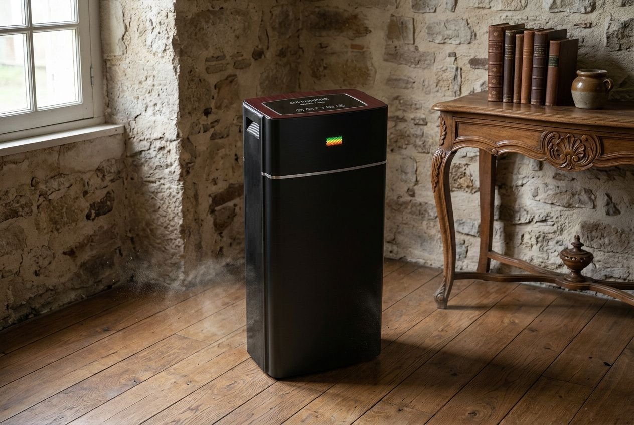 Purificateur d’air ou déshumidificateur dans une pièce de maison ancienne en pierre, près d’un bureau en bois et d’une fenêtre. allergie maison ancienne.