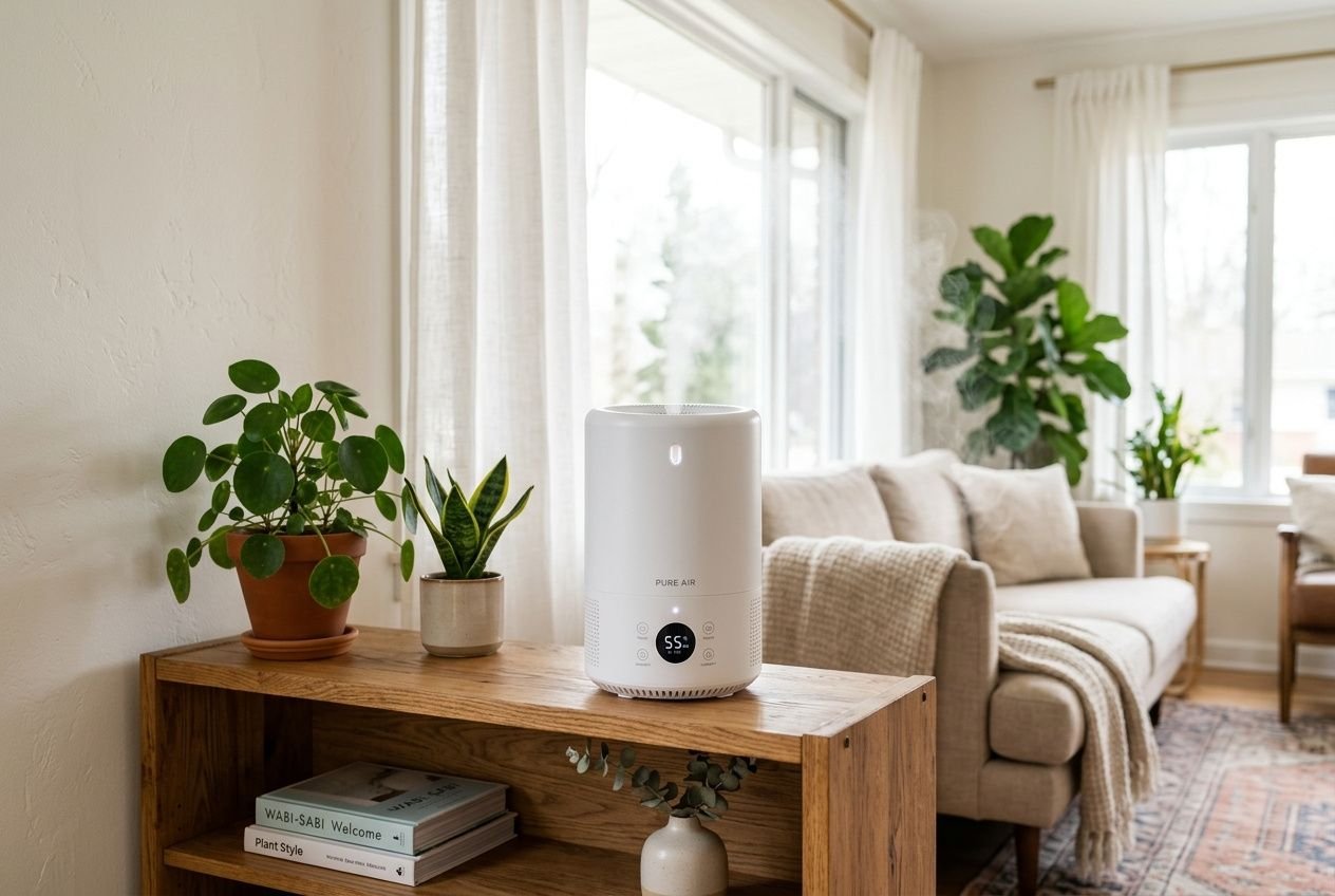Purificateur et humidificateur d'air 2en1 blanc sur une table, ambiance salon lumineux avec plantes et canapé.