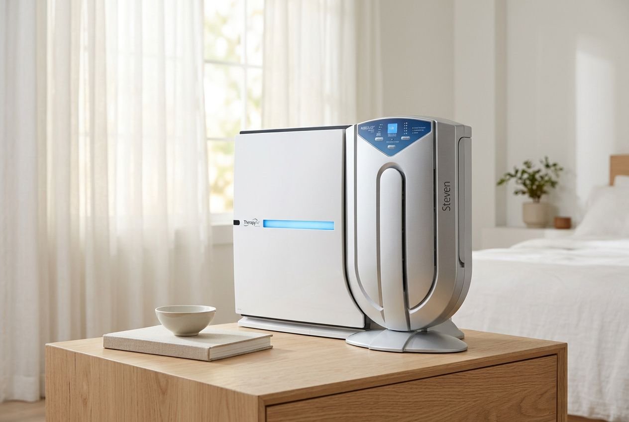 Purificateur et humidificateur d'air 2en1 sur une table de chevet moderne, dans une chambre lumineuse et épurée.