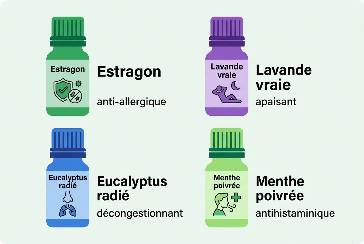 Quatre fioles d’huiles essentielles: Estragon anti-allergique, Lavande vraie apaisante, Eucalyptus radié décongestionnant et Menthe poivrée antihistaminique.
