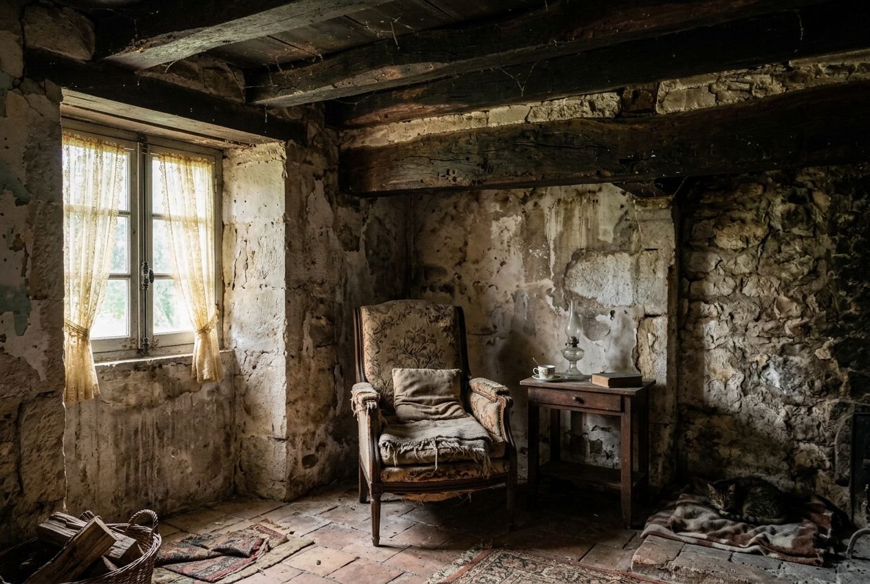 Salle ancienne au look poussiéreux avec chaise rembourrée et table, murs en pierre, fenêtre petit rideau, ambiance poussiéreuse et terne. allergie maison ancienne