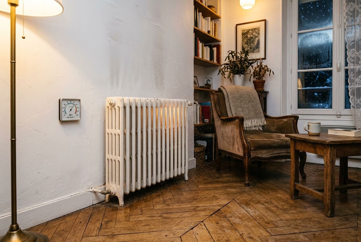 Salon chaleureux avec radiateur et bibliothèque, ambiance cosy; une tasse sur la table et un tapis. air trop sec maison que faire, 5 réflexes à adopter.