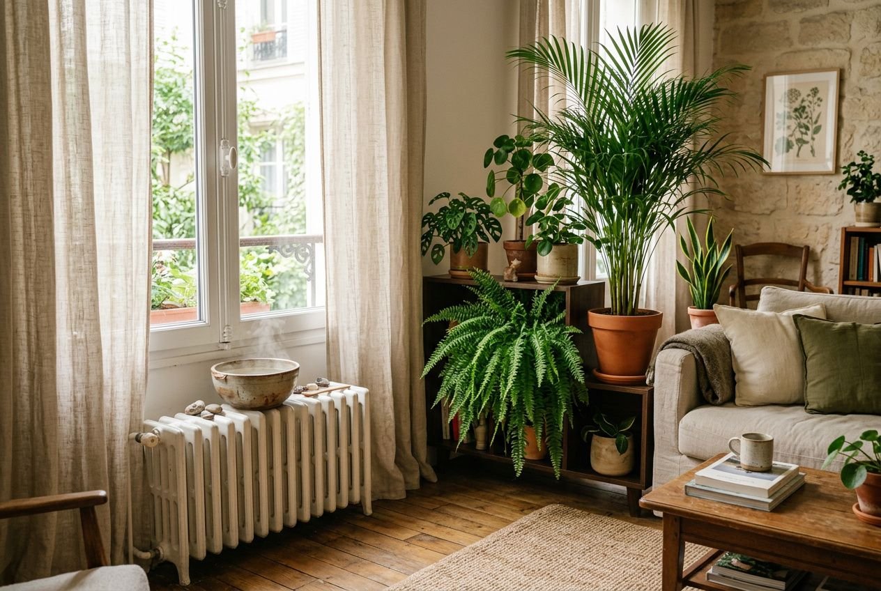 Salon lumineux avec de nombreuses plantes en pots près d’une fenêtre et d’un radiateur; canapé et table basse en bois, ambiance chaleureuse et naturelle. air trop sec maison que faire.