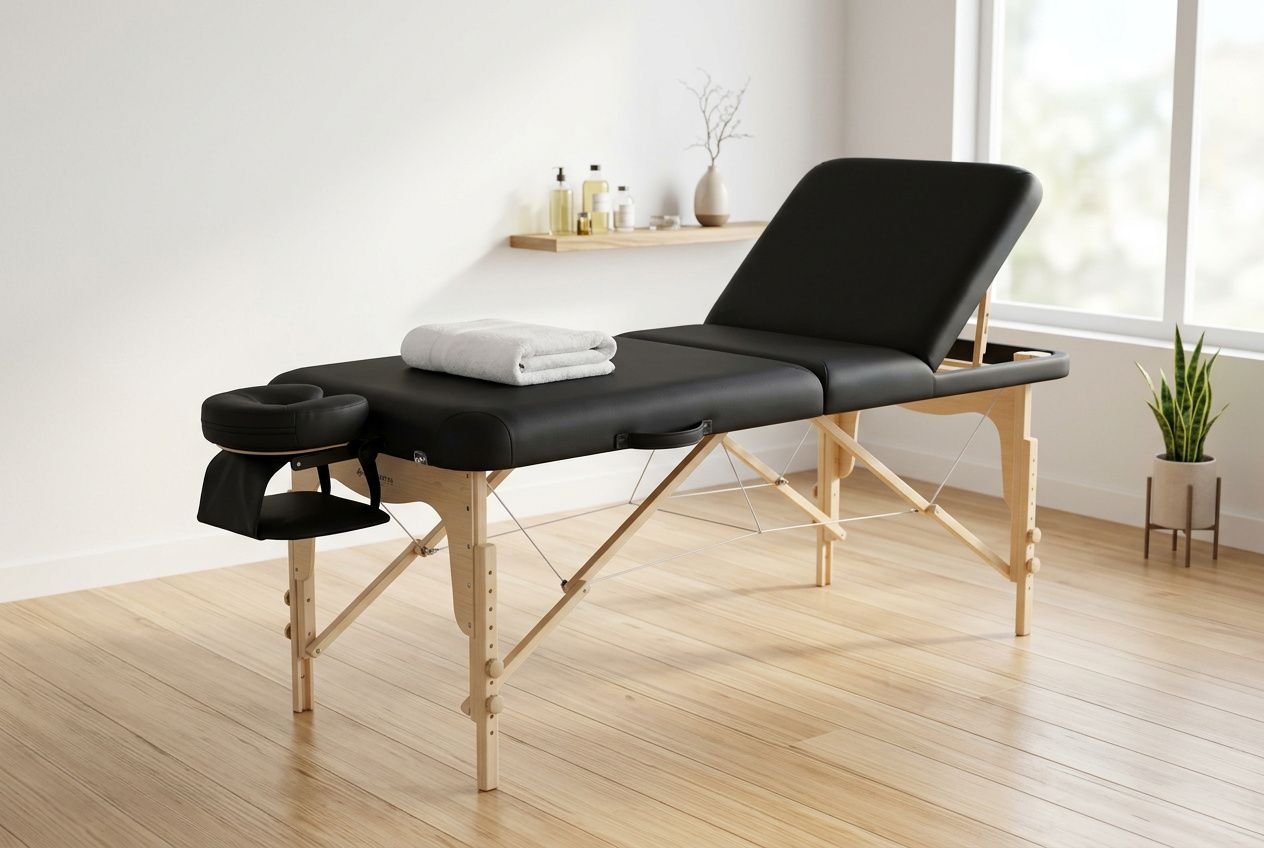 Table de massage pliante noire avec pieds en bois installée dans un espace bien-être épuré, prête à l'emploi.