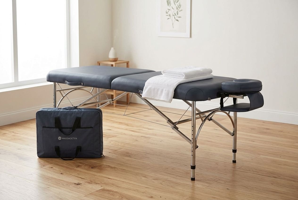 Table de massage pliante portable installée dans un studio de bien-être lumineux avec son sac de transport posé à côté.