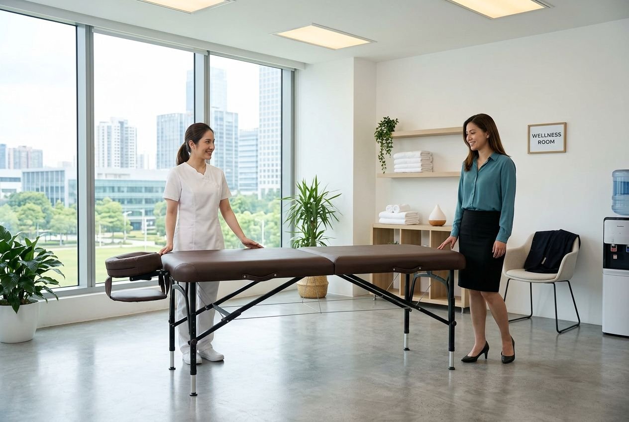 Table de massage pliante professionnelle installée dans un espace bien-être en entreprise avec une thérapeute prête à accueillir un client.