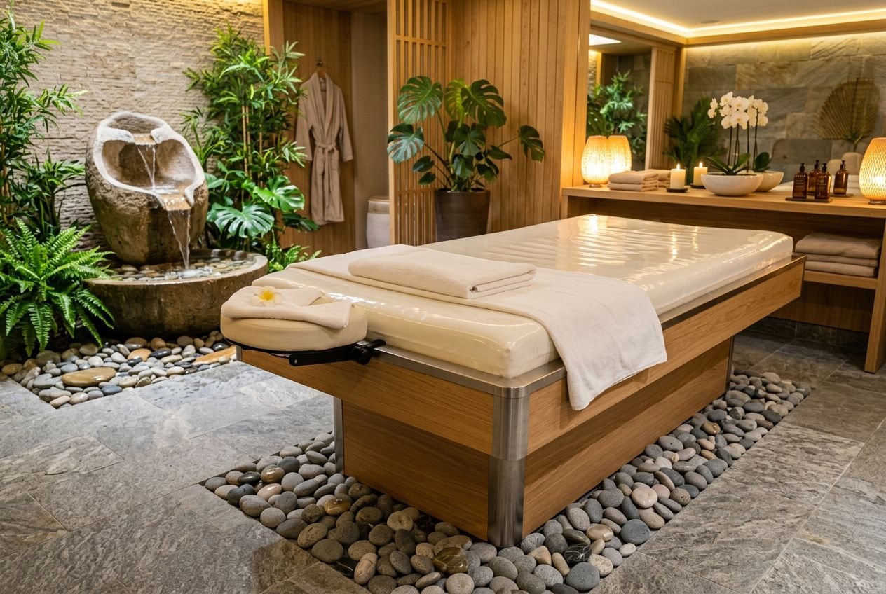Table de massage waterbed moderne dans un spa zen, avec lit sur pieds bois et galets décoratifs, ambiance détente et plantes tropicales.